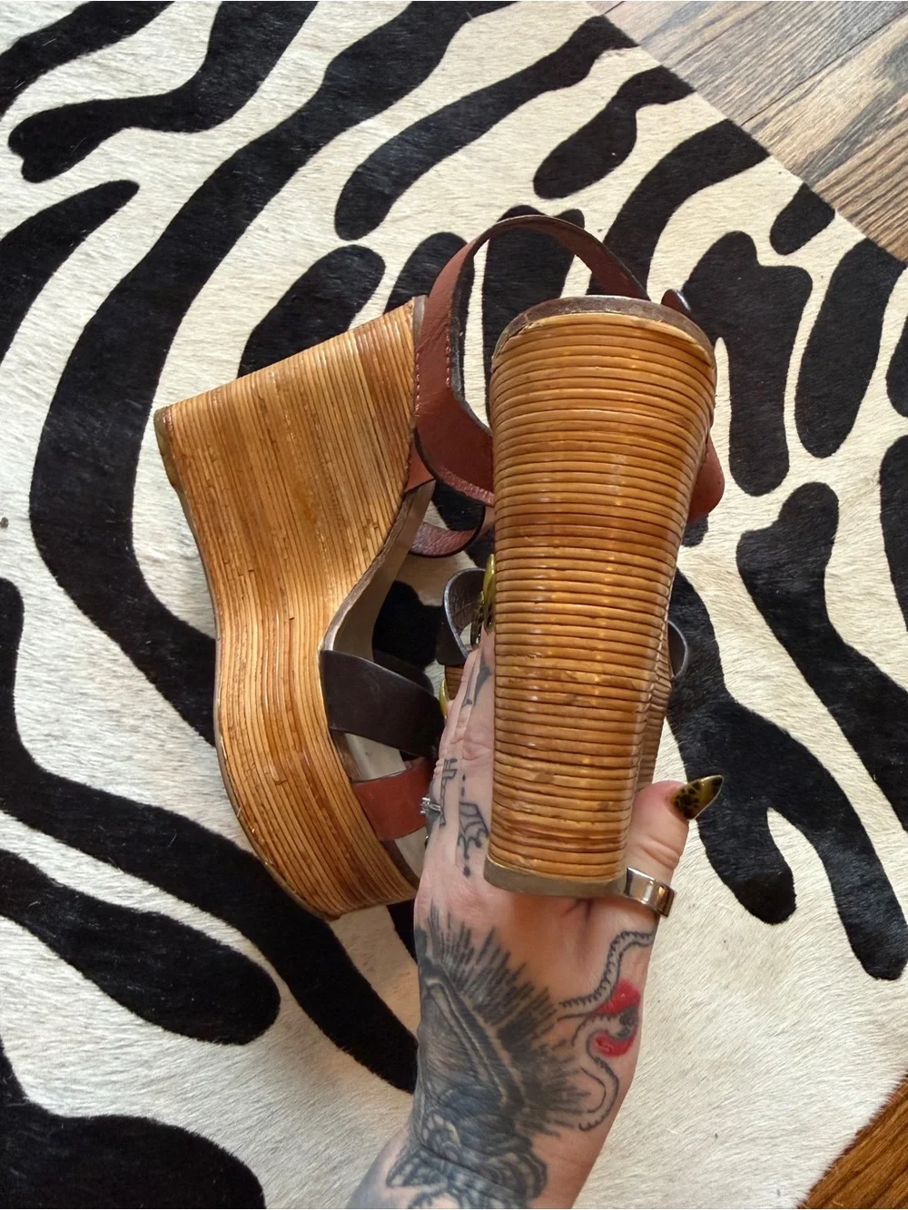 Sergio Rossi Brown and Rust Leather Platform Wedge Sandals